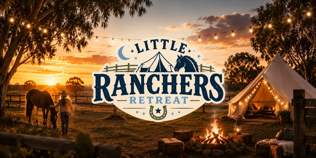Little Ranchers Farm School banner: a child leading a horse at sunset beside a lit bell tent and campfire at Urban Buddy Farm.